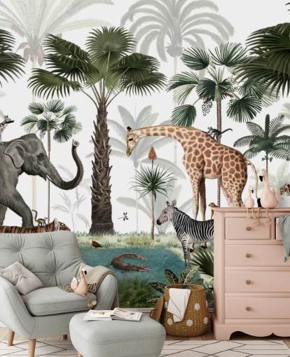 elephant, giraffe and other animals in jungle wallpaper