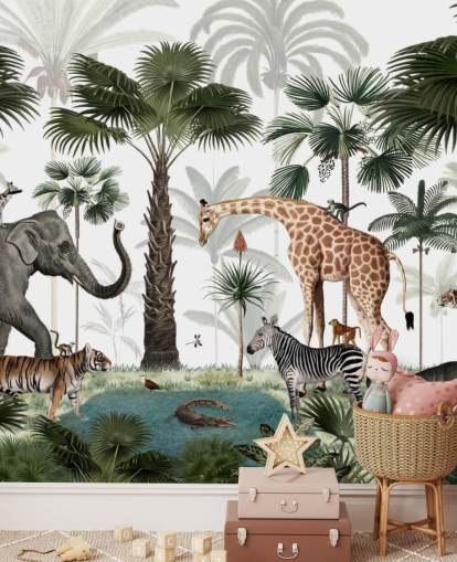 fond d'écran éléphant, girafe et autres animaux dans la jungle