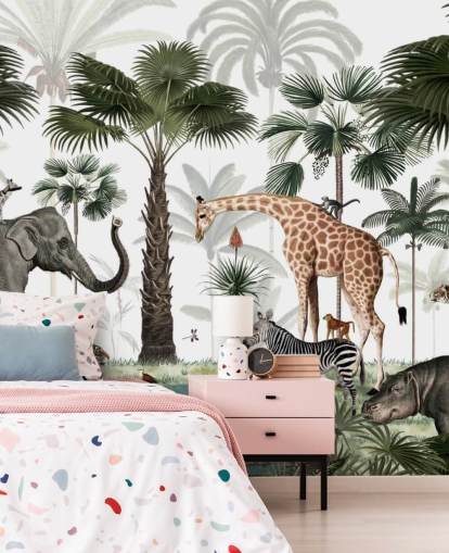 carta da parati elefante, giraffa e altri animali nella giungla