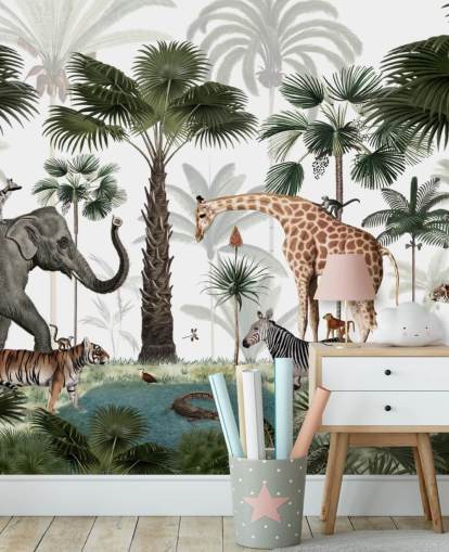 carta da parati elefante, giraffa e altri animali nella giungla