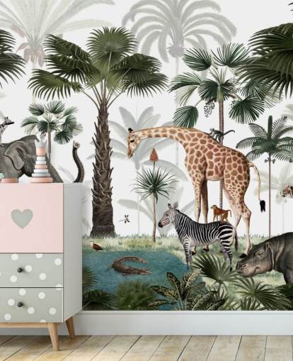 papel de parede de elefante, girafa e outros animais na selva