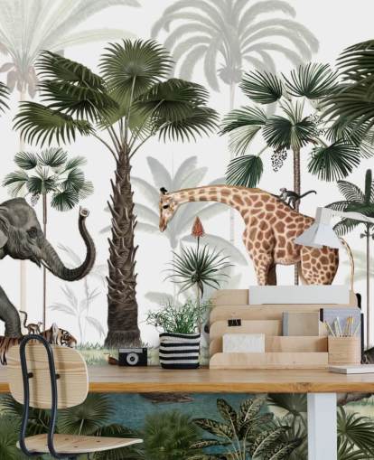 norsu, kirahvi ja muut eläimet viidakon taustakuvassa