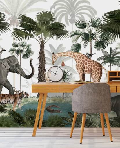 carta da parati elefante, giraffa e altri animali nella giungla