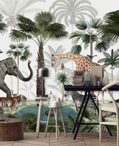 fondo de pantalla de elefantes, jirafas y otros animales en la jungla