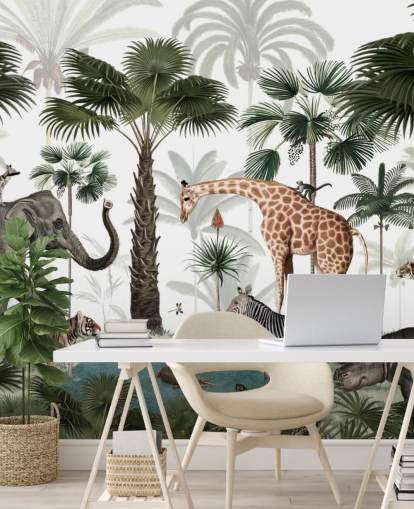 fondo de pantalla de elefantes, jirafas y otros animales en la jungla