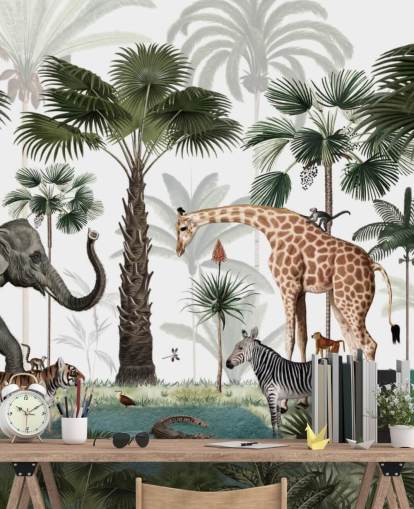 papel de parede de elefante, girafa e outros animais na selva