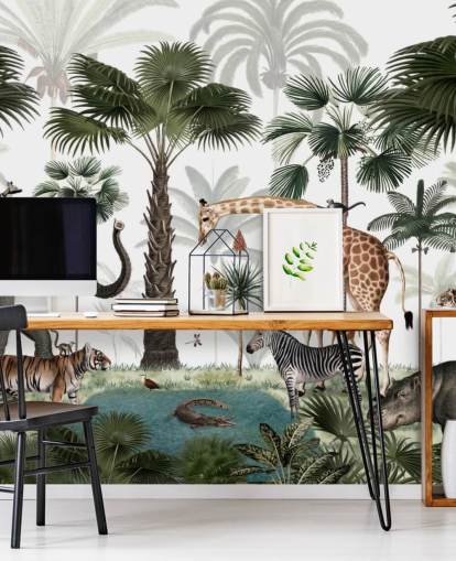 elephant, giraffe and other animals in jungle wallpaper elephant, giraffe and other animals in jungle wallpaper