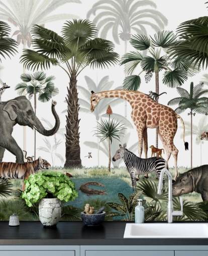 elefant, giraf og andre dyr i jungle tapet