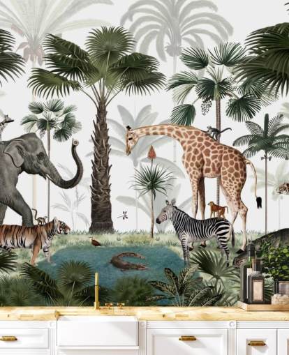 fondo de pantalla de elefantes, jirafas y otros animales en la jungla