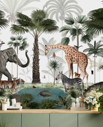 carta da parati elefante, giraffa e altri animali nella giungla
