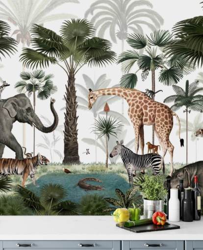 fondo de pantalla de elefantes, jirafas y otros animales en la jungla