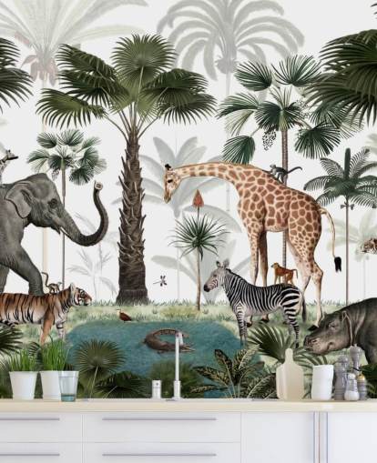 fondo de pantalla de elefantes, jirafas y otros animales en la jungla