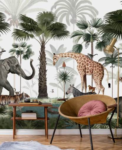 papel de parede de elefante, girafa e outros animais na selva