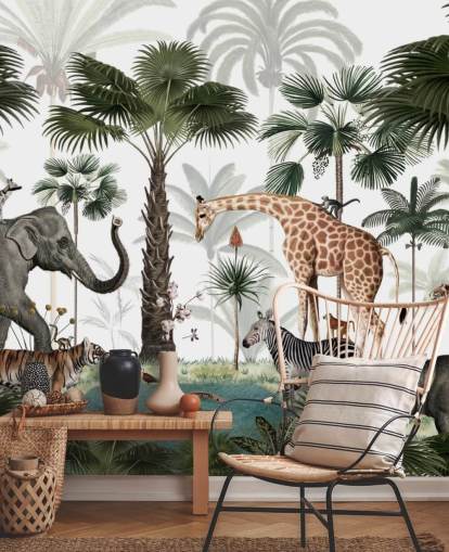 fondo de pantalla de elefantes, jirafas y otros animales en la jungla