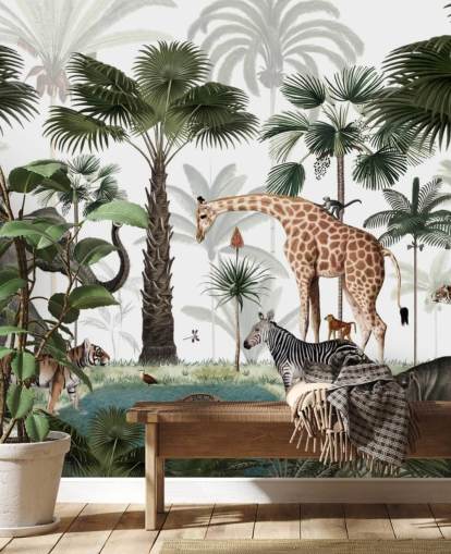 elefant, giraff och andra djur i djungel tapet