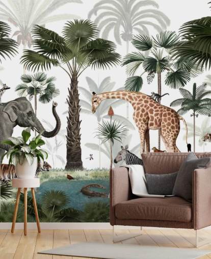 Elefant, Giraffe und andere Tiere in Dschungel-Tapete Elefant, Giraffe und andere Tiere in Dschungel-Tapete