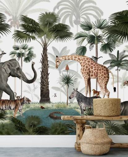papel de parede de elefante, girafa e outros animais na selva papel de parede de elefante, girafa e outros animais na selva