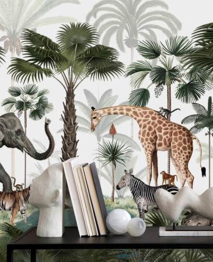 fondo de pantalla de elefantes, jirafas y otros animales en la jungla