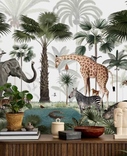 carta da parati elefante, giraffa e altri animali nella giungla carta da parati elefante, giraffa e altri animali nella giungla