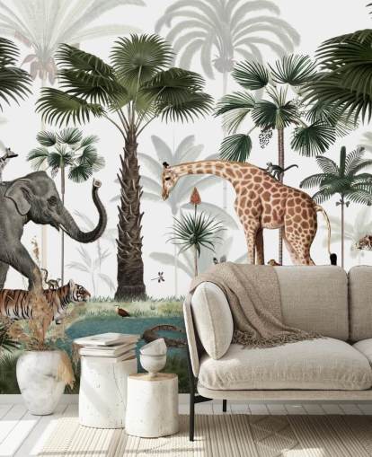 carta da parati elefante, giraffa e altri animali nella giungla carta da parati elefante, giraffa e altri animali nella giungla