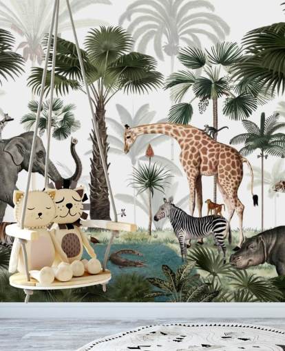 elephant, giraffe and other animals in jungle wallpaper