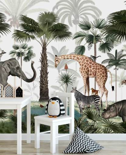 papel de parede de elefante, girafa e outros animais na selva papel de parede de elefante, girafa e outros animais na selva