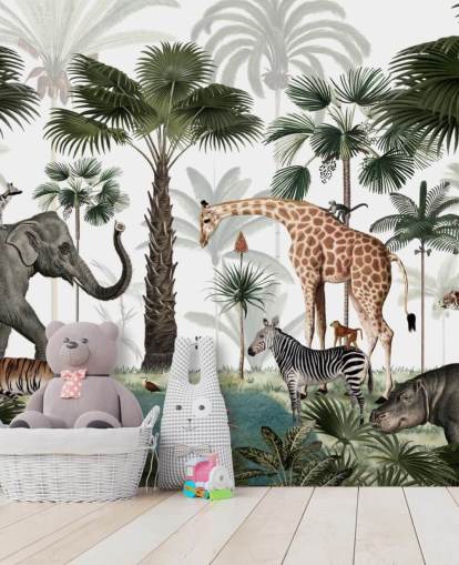 elefant, giraff och andra djur i djungel tapet
