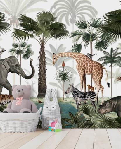 olifant, giraf en andere dieren in junglebehang