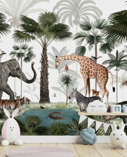 carta da parati elefante, giraffa e altri animali nella giungla