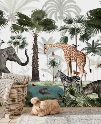 papel de parede de elefante, girafa e outros animais na selva