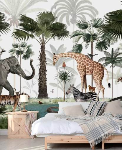 elefant, giraff och andra djur i djungel tapet