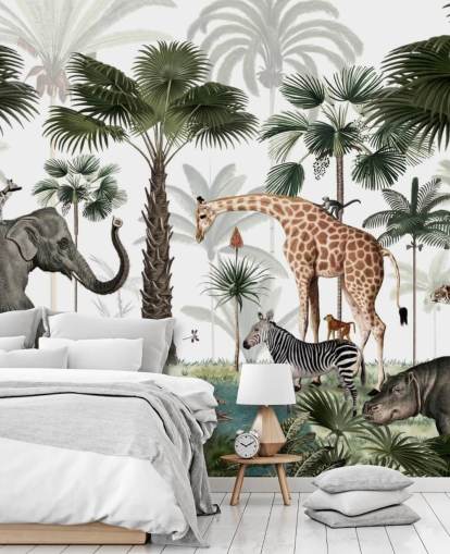 elephant, giraffe and other animals in jungle wallpaper