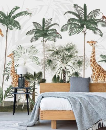 trio of giraffes in vintage jungle wallpaper 