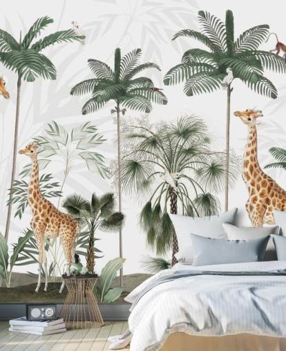 trio of giraffes in vintage jungle wallpaper 