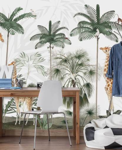 trio of giraffes in vintage jungle wallpaper 