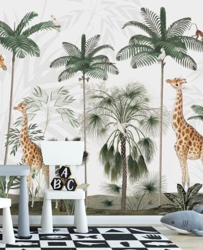 trio of giraffes in vintage jungle wallpaper