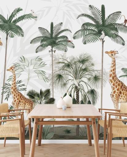 trio of giraffes in vintage jungle wallpaper