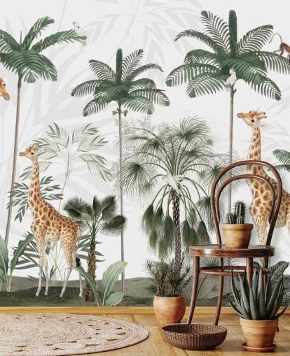 trio of giraffes in vintage jungle wallpaper 