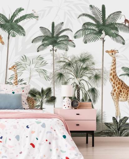 trio of giraffes in vintage jungle wallpaper