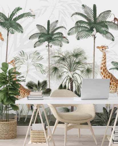 trio of giraffes in vintage jungle wallpaper