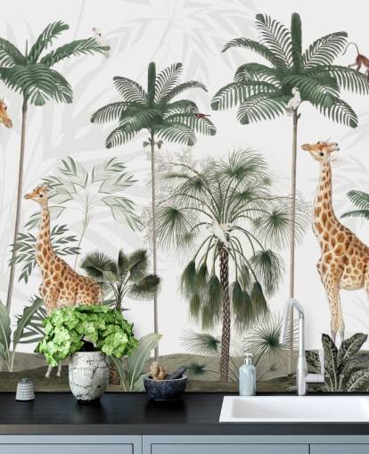 trio of giraffes in vintage jungle wallpaper