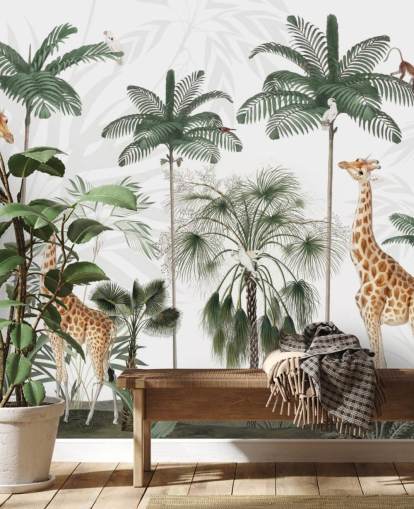 trio of giraffes in vintage jungle wallpaper 