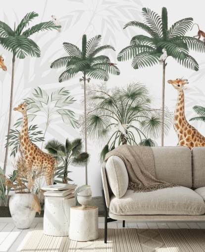 trio of giraffes in vintage jungle wallpaper