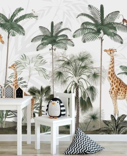 trio giraffen in vintage junglebehang