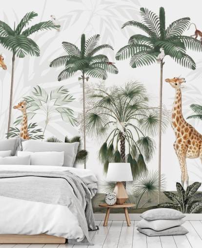trio of giraffes in vintage jungle wallpaper