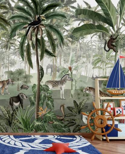 papel de parede de selva de estilo vintage com animais