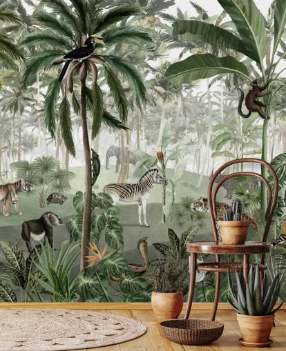 papel de parede de selva de estilo vintage com animais