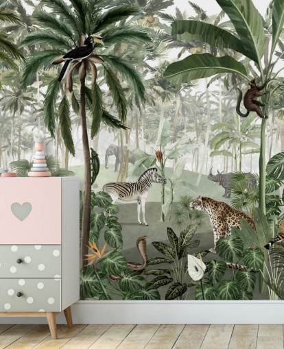 papel de parede de selva de estilo vintage com animais
