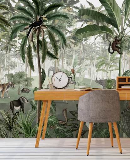 papel de parede de selva de estilo vintage com animais