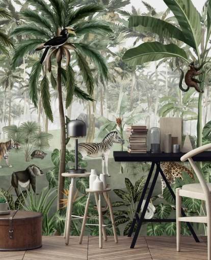 papel de parede de selva de estilo vintage com animais